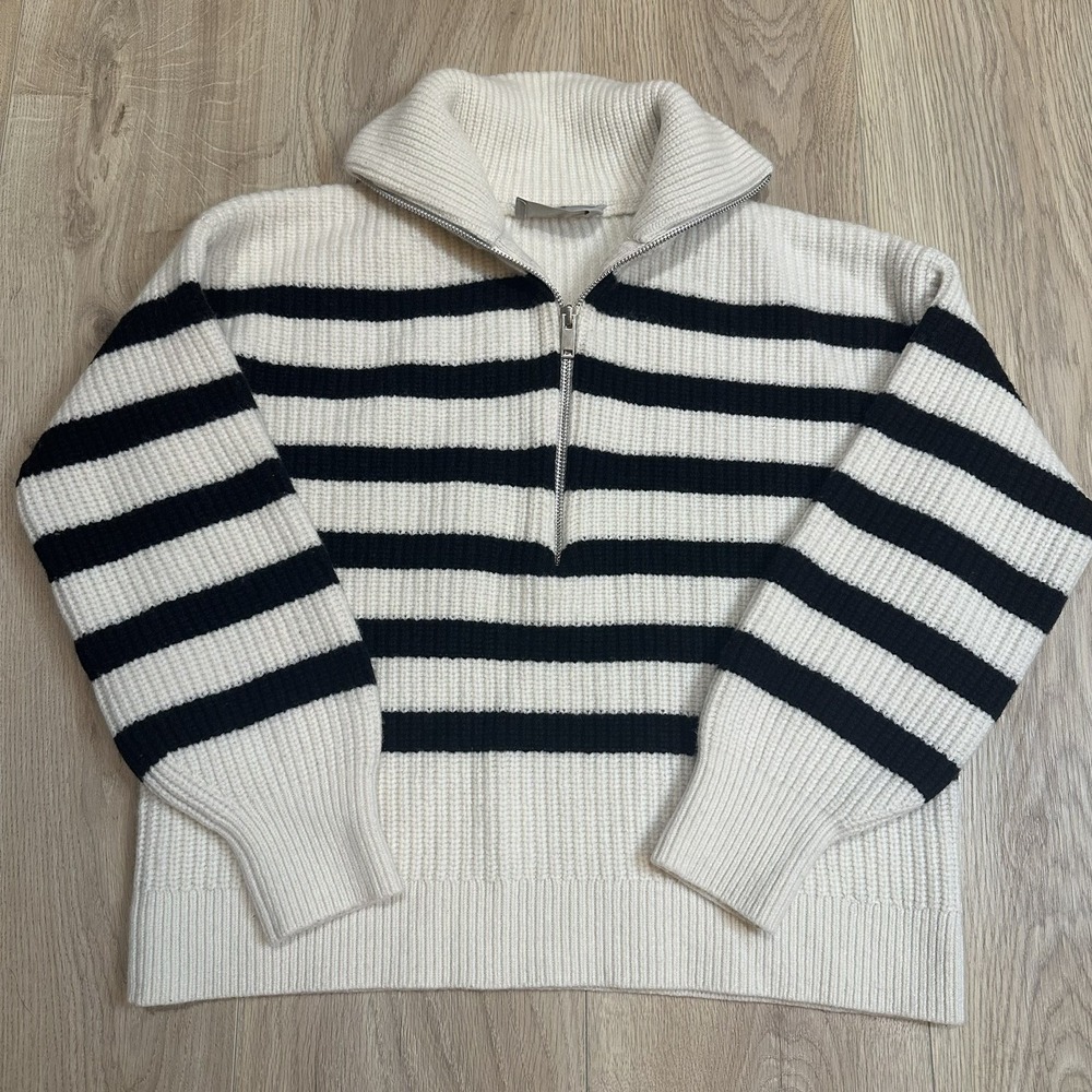 Everlane Black and Cream Striped Sweater